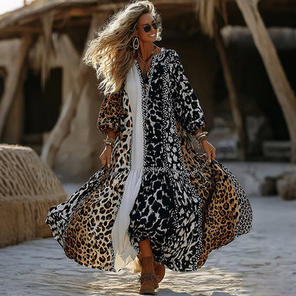 Cardydony Retro Leopard And Animal Patchwork Art Loose Maxi Dress