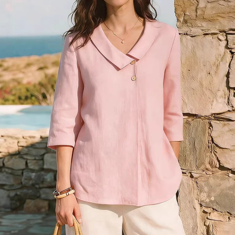 Cardydony Casual Linen Buttoned Irregular V-neck Shirt