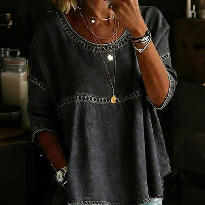 Cardydony Casual Hollowed-out Lace Patchwork Round Neck Top