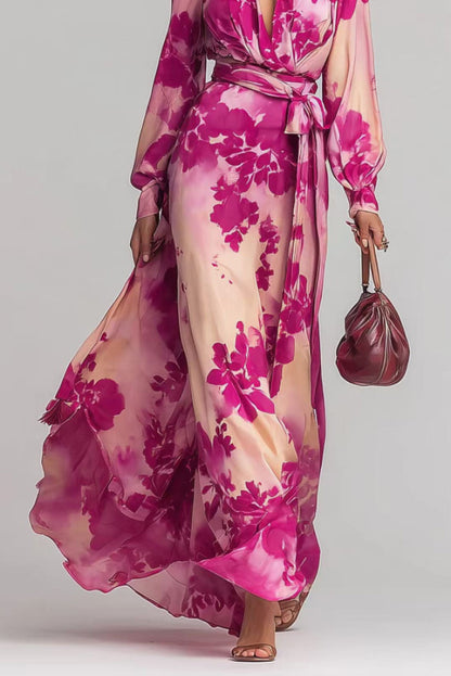 Cardydony Women's  Floral Print Chiffon Long-Sleeved V-Neck Tie Waist Elegant Maxi Dress