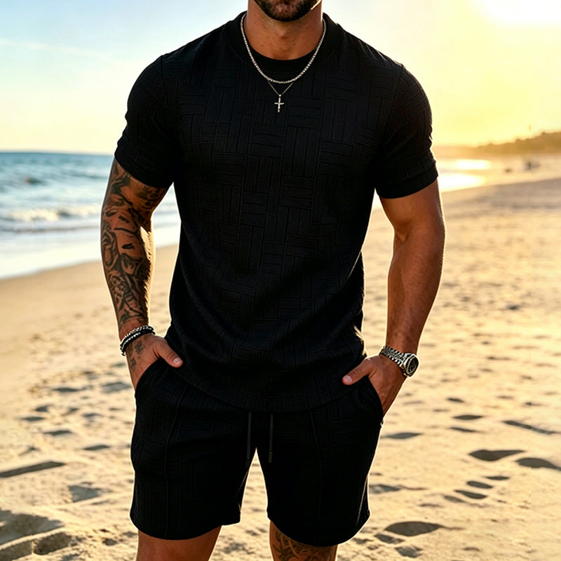 Cardydony Leisure Textured T-shirt And Shorts Two Piece Set