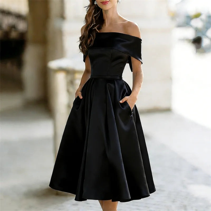 Cardydony Classy Off Shoulderwide Skirted Satin Maxi Dress