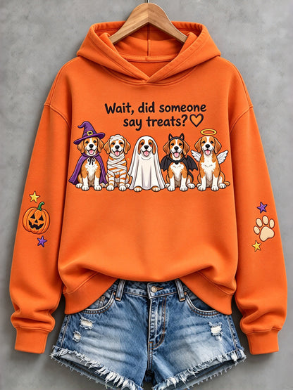Cardydony Women's Halloween "wait, Did Someone Say Treats?" Dog Print Hoodie