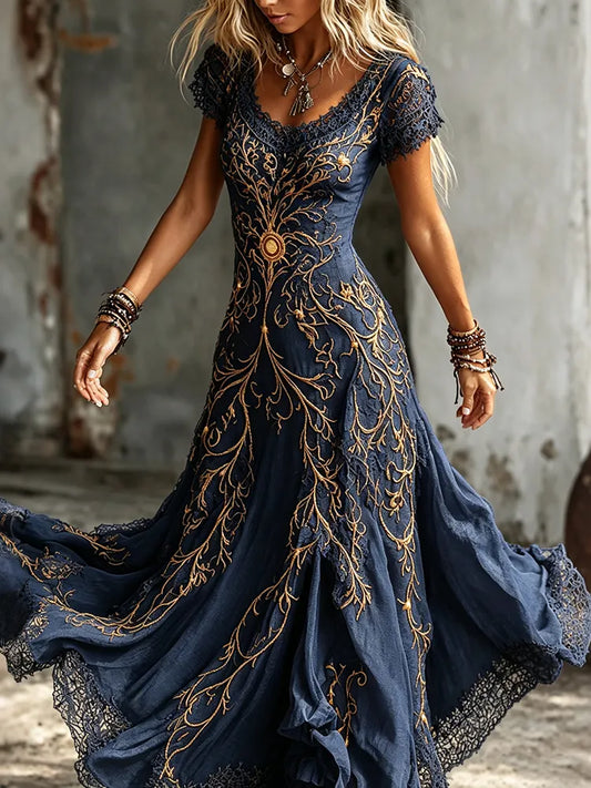 Cardydony Women's Vintage Viking Pattern Embroidered Art Flowy V Neck Maxi Dress