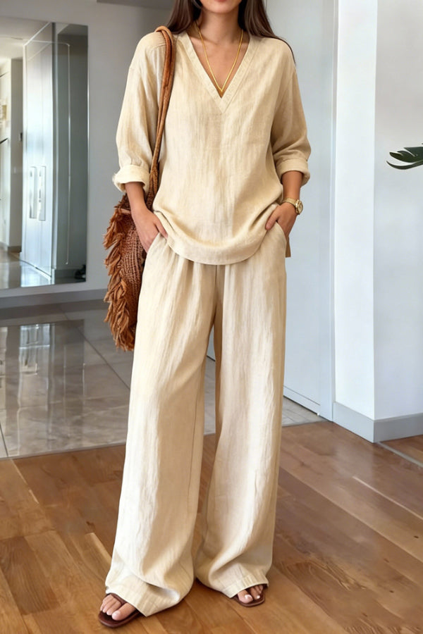 Cardydony Women's Linen Blend V-neck Long-sleeved Loose Top and Elastic Waist Casual Pocket Pants Set