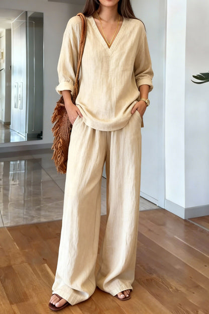 Cardydony Women's Linen Blend V-neck Long-sleeved Loose Top and Elastic Waist Casual Pocket Pants Set