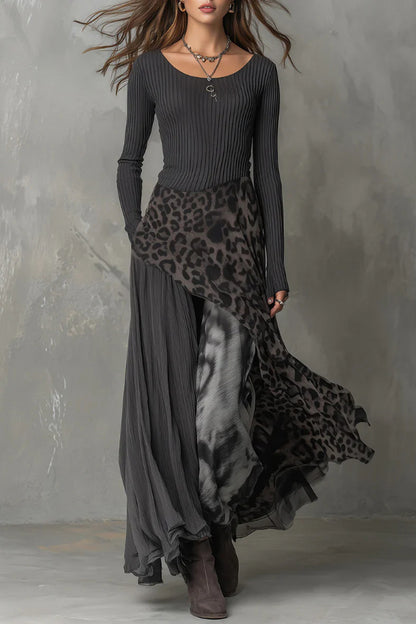 Cardydony Women's Stylish Leopard Print Patchwork Casual Long-sleeved Maxi Dress