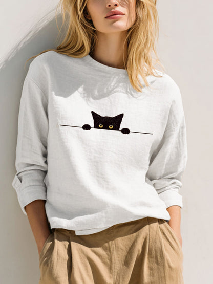 Cardydony Women's Casual Funny Black Cat Print T-shirt