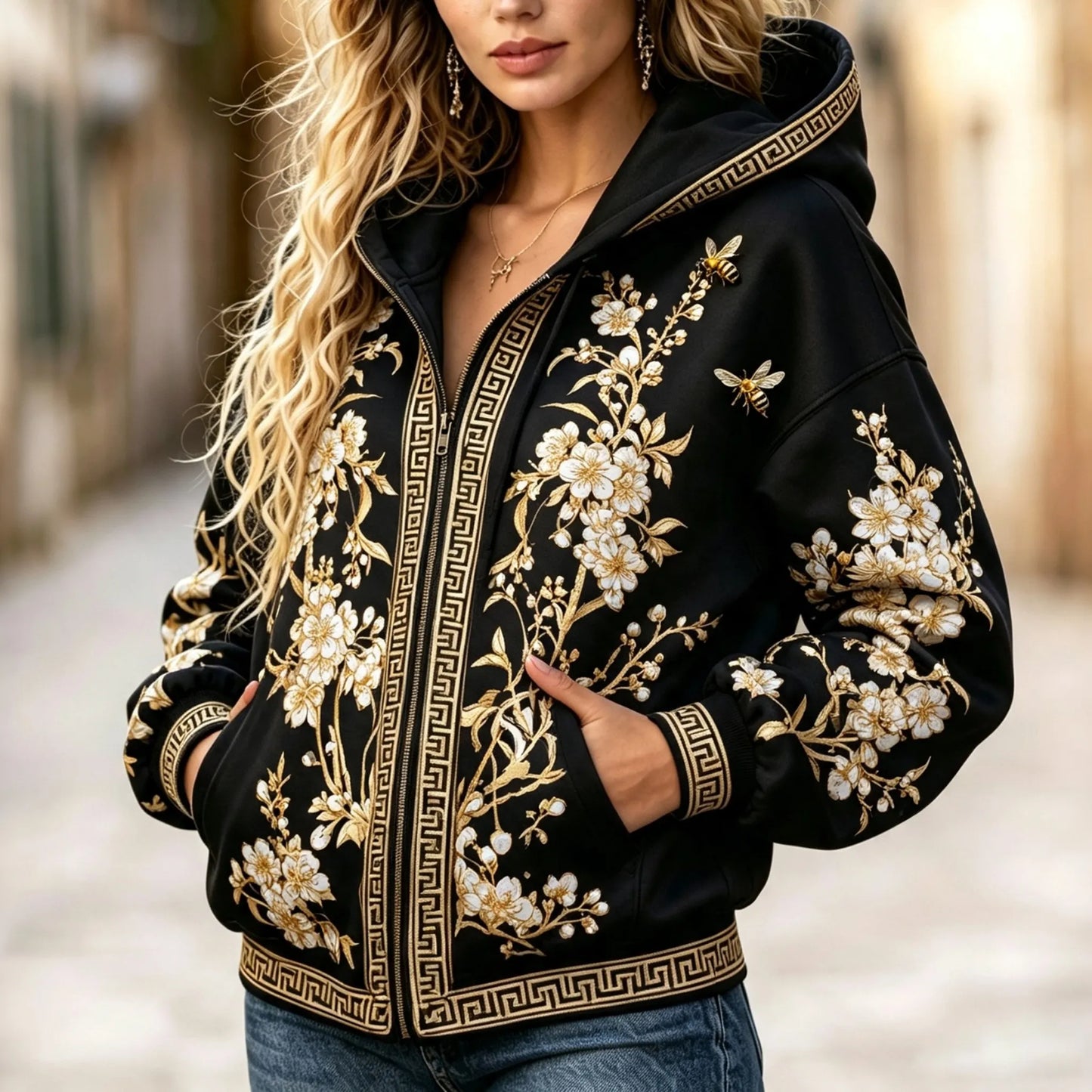 Cardydony Women's Japanese Floral Art Print Casual Zip Up Hoodie