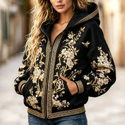 Cardydony Women's Japanese Floral Art Print Casual Zip Up Hoodie