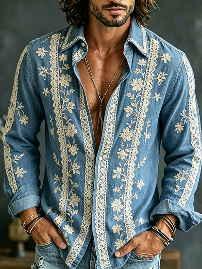 Cardydony Men's White Floral And Lace Art Cotton Linen Casual Long Sleeve Shirt