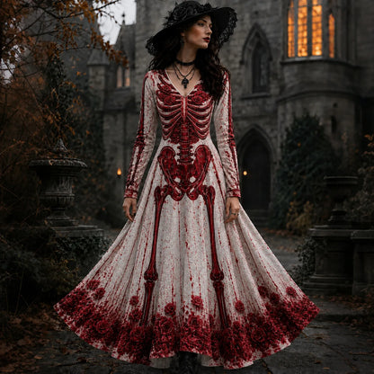 Cardydony Women's Halloween Retro Gothic Skull Floral Print V-neck Maxi Dress