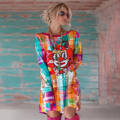 Cardydony Women's Abstract Color Block Plaid Joker Print Mini Dress