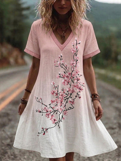Cardydony Women's Retro Cherry Blossom Gradient Design Short Sleeve Mini Dress