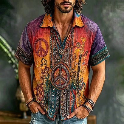 Cardydony Retro Hippie Peace Sign Embroidered Short Sleeve Button Down Shirt, Boho Music Guitar Print Vintage Washed Linen Shirt For Men