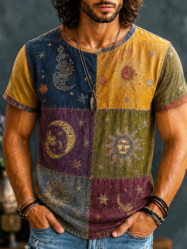 Cardydony Men's Mysterious Sun And Moon Boho Hippie Patchwork Print Casual T-shirt