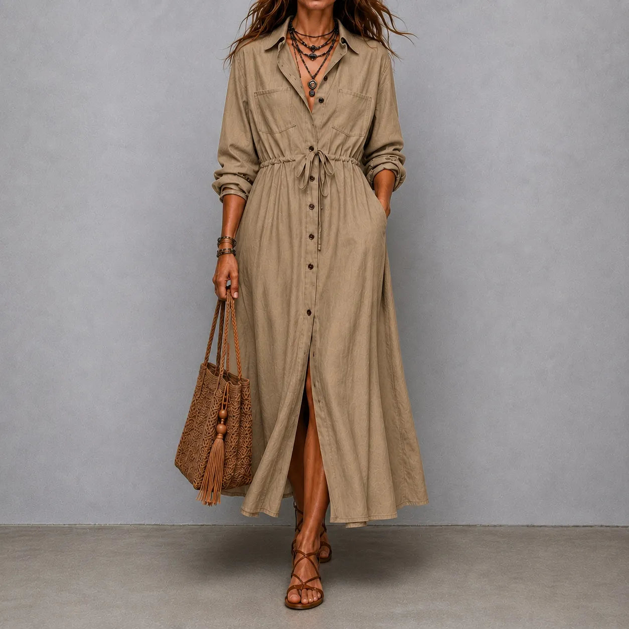Cardydony Elegant Long-sleeved Drawstring Waist Shirt Dress Maxi Dress