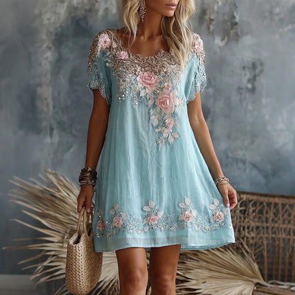 Cardydony Women's Retro Rose Floral Embroidery Pattern Short Sleeve Linen Dress