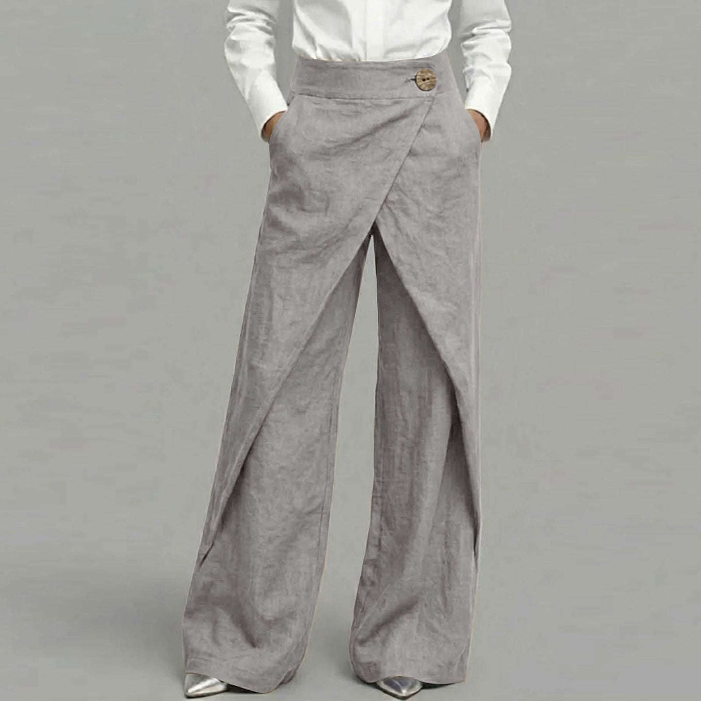 Cardydony Women's Casual Retro Slanted Button Cotton And Linen Pants