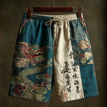 Cardydony Men's Japanese-style Dragon And Calligraphy Print Casual Shorts