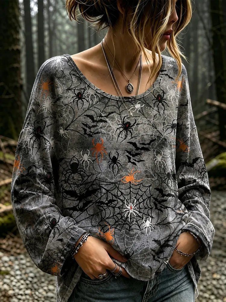 Cardydony Women's Halloween Spider And Bat Art Print Cotton Linen Casual Crew Neck Long Sleeve Top