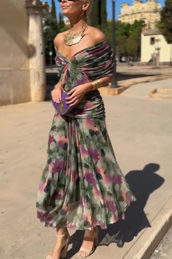Cardydony Women's Unique Printed V-Neck Waisted Mesh Holiday Maxi Dress