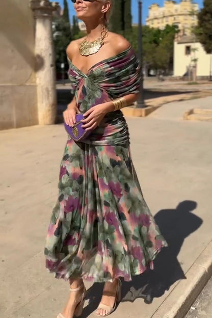 Cardydony Women's Unique Printed V-Neck Waisted Mesh Holiday Maxi Dress