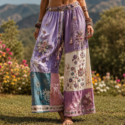 Cardydony Boho Patchwork Mandala Print High-waist Wide-leg Pants