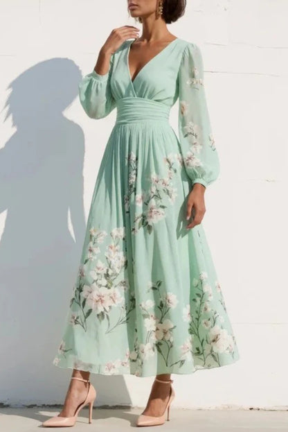 Cardydony Women's  Floral Print V-neck Long-sleeved Fitted Waist Casual Maxi Dress
