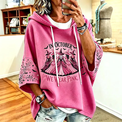 Cardydony Women's Pink Halloween Witch Letter Floral Print Hooded Top