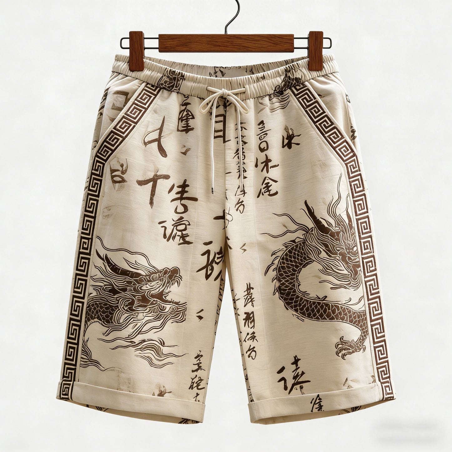 Cardydony Men's Calligraphy With Dragon Art Pattern Linen Blend Casual Shorts