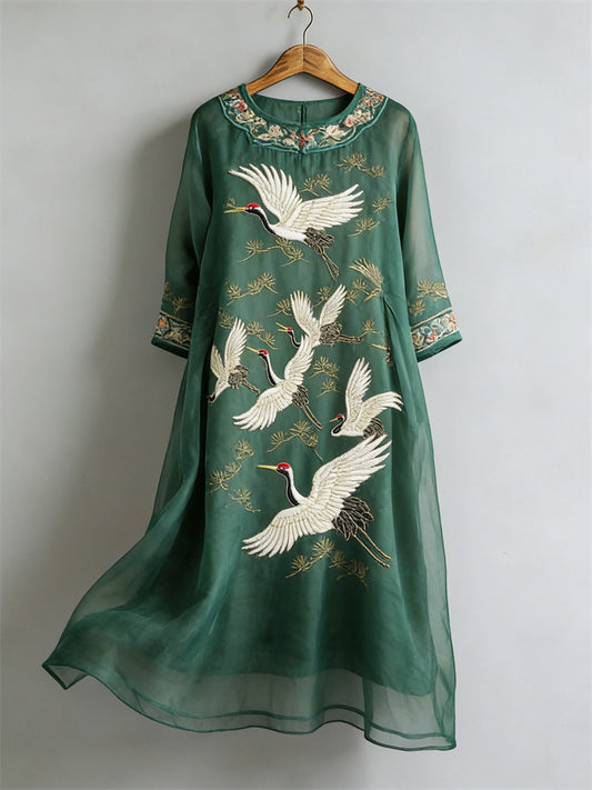 Cardydony Japanese Cranes & Pine Trees Flowy Linen Maxi Dress