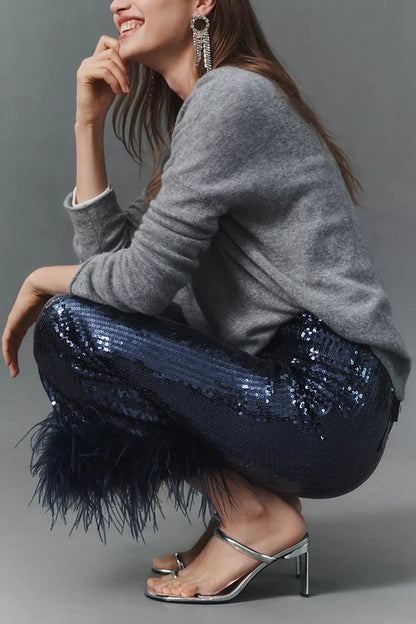 Cardydony Women's New Year Eve Sequin Feather Trim High Rise Back Zipper Flare Pants