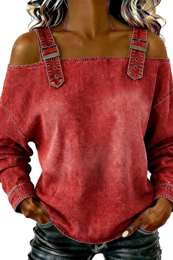 Cardydony Women's  Fashionable Faux Denim Off-shoulder Long-sleeved Loose Top