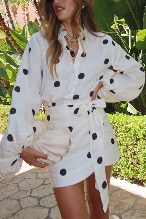 Cardydony Women's Effortlessly Linen Blend Polka Dot Balloon Sleeve Blouse and Wrap Tie-up Loose Mini Skirt Set