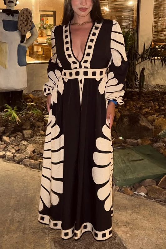 Cardydony Women's  Unique Print V-Neck Long Sleeve Casual Vacation Maxi Dress