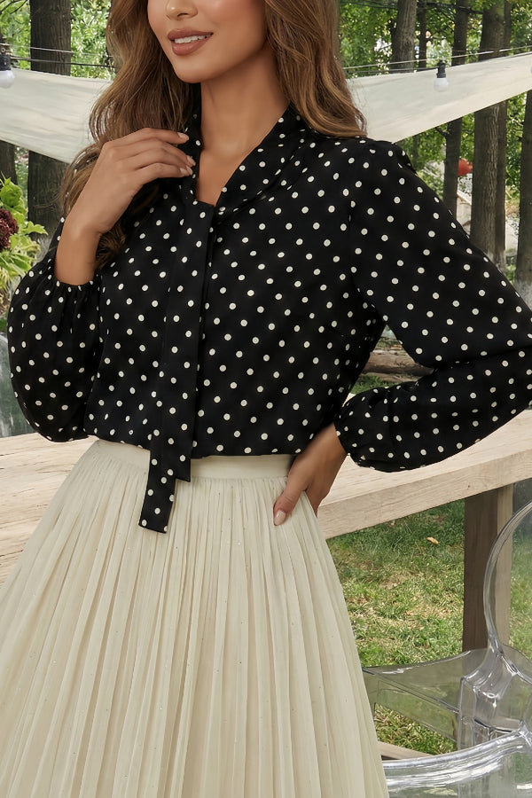 Cardydony Women's  Polka Dot Print Tie-up Long-sleeved Loose Casual Shirt