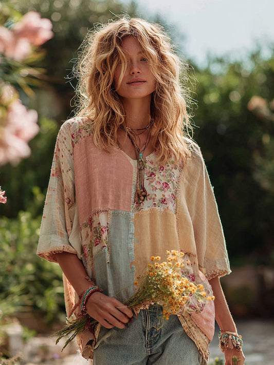 Cardydony Women's Rose Floral Patchwork Casual Vacation Linen Blend T-shirt