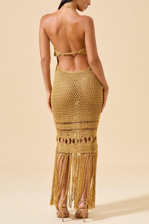 Cardydony Women's Fashionable Open-knit Backless Elegant Tassel Hem Vacation Cover-up Maxi Dress