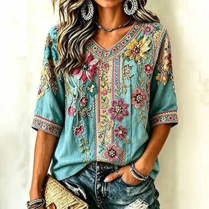 Cardydony Women's Retro Floral Ethnic Style Short-sleeve V-neck T-shirt