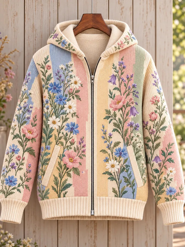 Cardydony Women's Pastel Stripe Wildflower Botanical Print Zip-up Hooded Knit Cardigan
