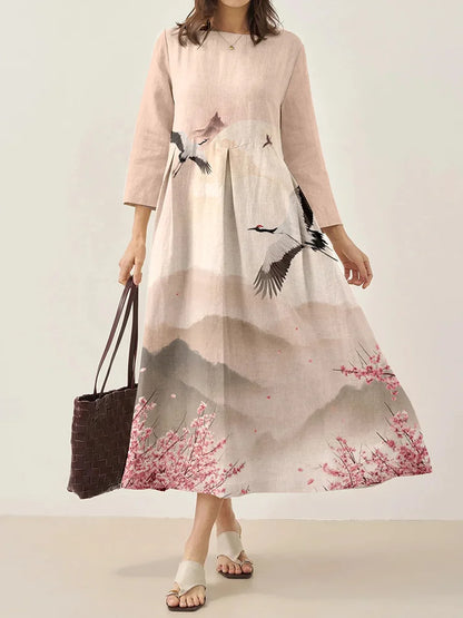 Cardydony Japanese Retro Cherry Blossom With Crane Print Art Comfy Maxi Dress