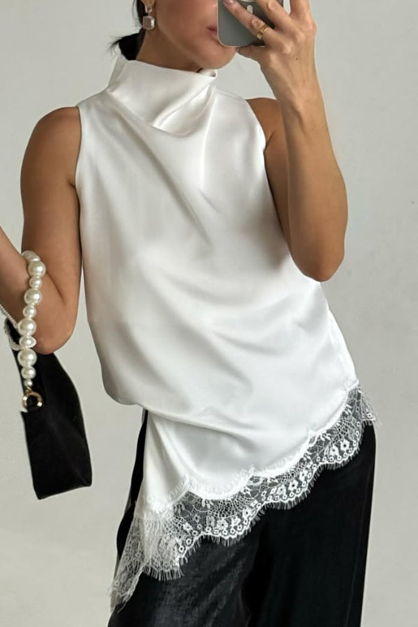 Cardydony Women's Solid Color Satin Spliced lace Sleeveless Irregular Casual Top