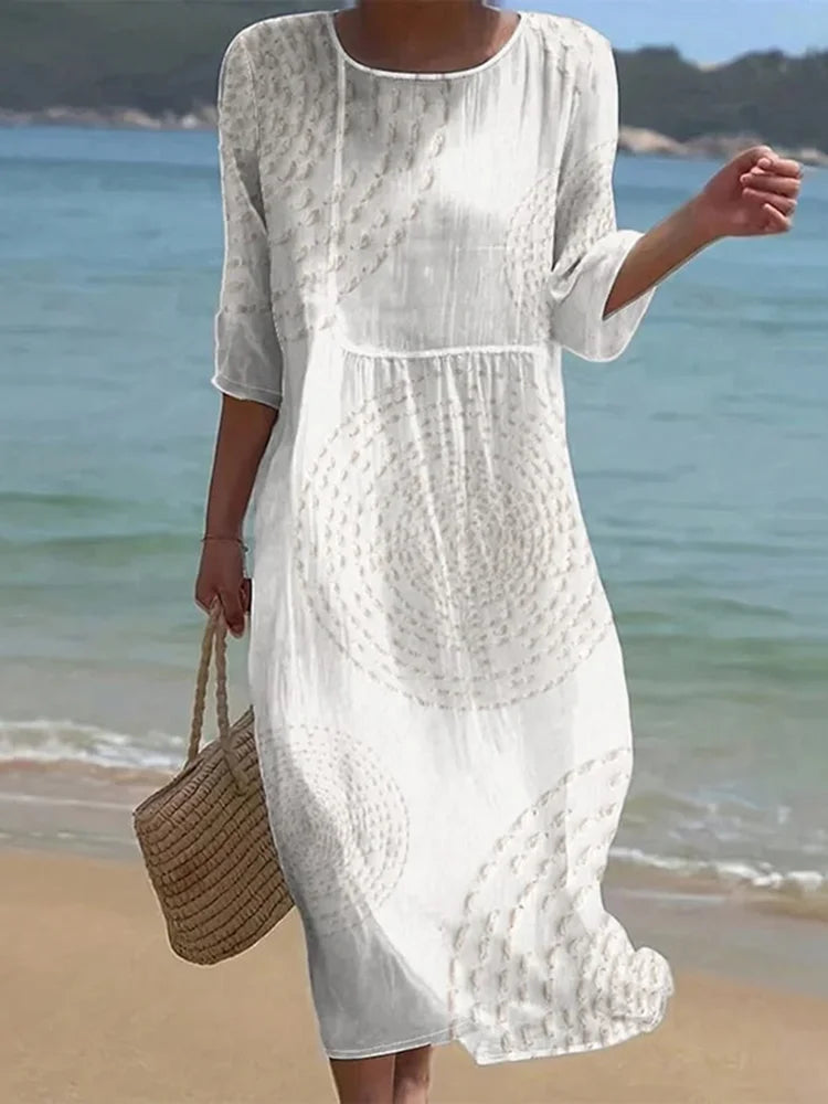 Cardydony Vintage Patchwork Art Pattern Linen Blend Loose Three-quarter Sleeve Dress