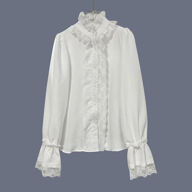 Cardydony Women's Retro Lace Cotton And Linen Long-sleeved Shirt