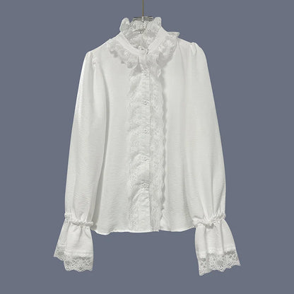 Cardydony Women's Retro Lace Cotton And Linen Long-sleeved Shirt