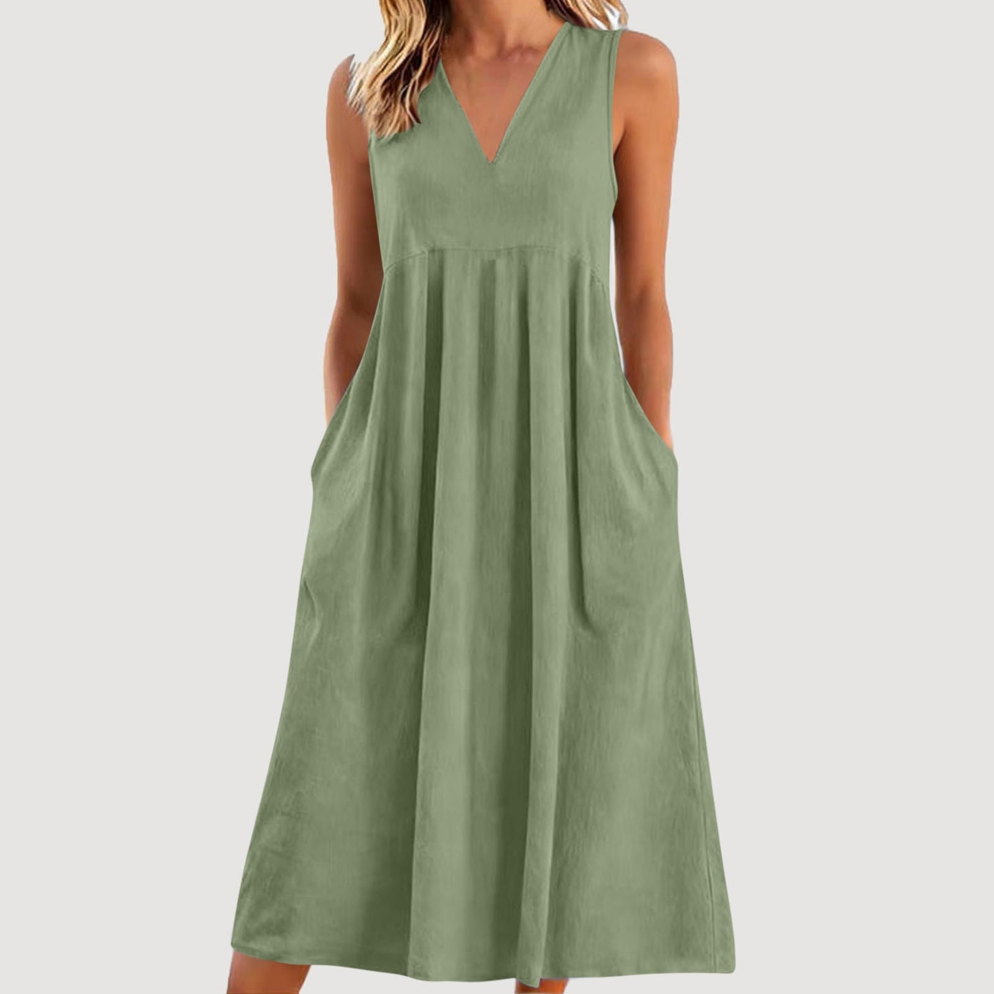 Cardydony Women's Solid Color V-neck Sleeveless Linen Blend Midi Dress
