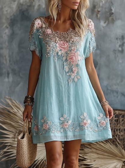 Cardydony Women's Retro Rose Floral Embroidery Pattern Short Sleeve Linen Dress