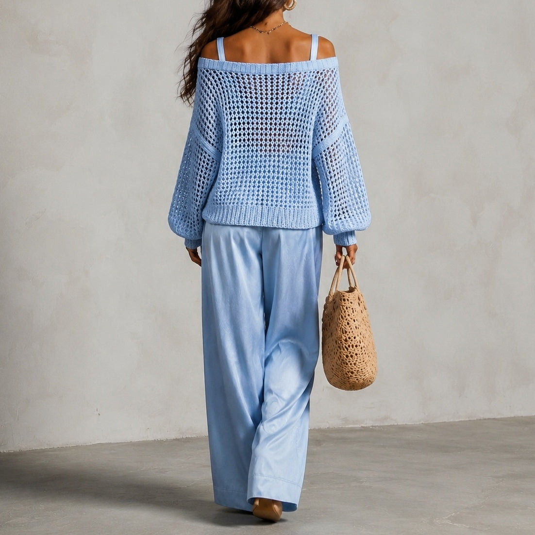 Cardydony Elegance Two-piece Set: Openwork Knit Top And Wide-leg Pants