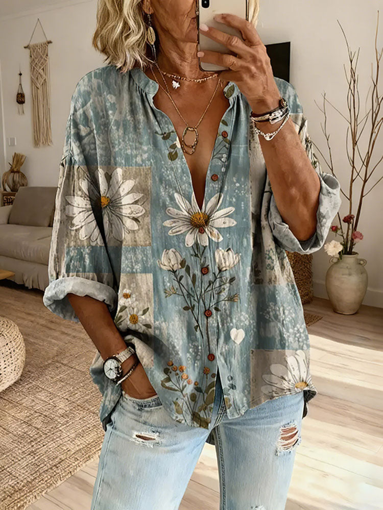 Cardydony Women's Retro Daisy Print Casual Shirt